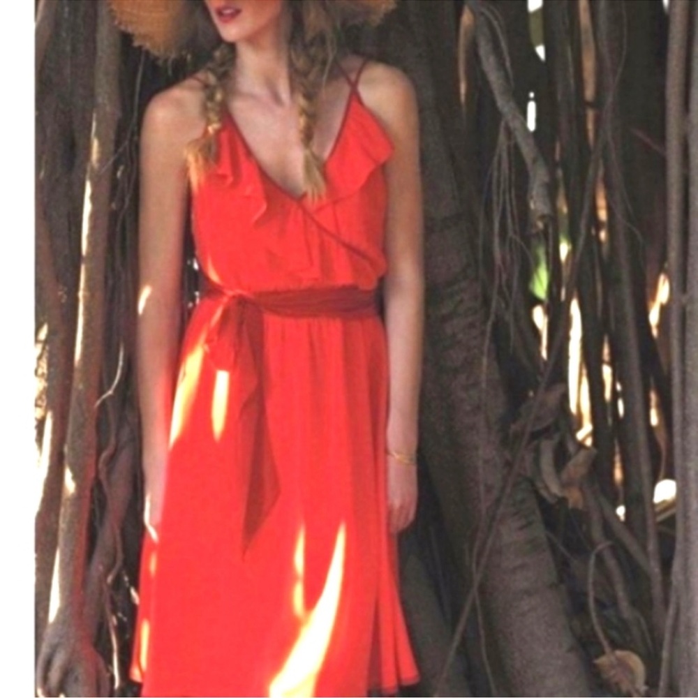 Anthropologie Girls From Savoy Vermillion Orange Red Silk Surplice Ruffle Dress